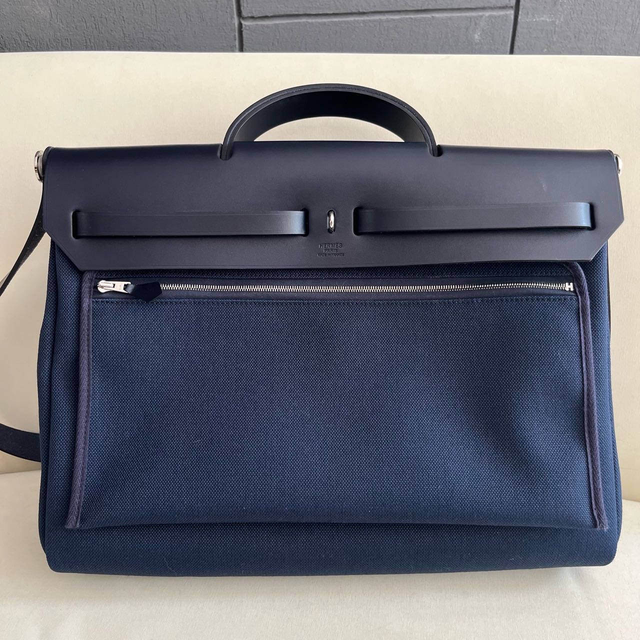 Pre-owned Certified Hermes Herbag Messenger 39 Dark Blue Canvas with Calfskin Silver hw, 2023 (B), w/ dust bag, lock&key