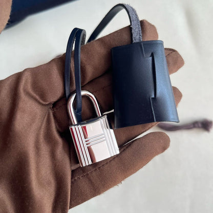 Pre-owned Certified Hermes Herbag Messenger 39 Dark Blue Canvas with Calfskin Silver hw, 2023 (B), w/ dust bag, lock&key