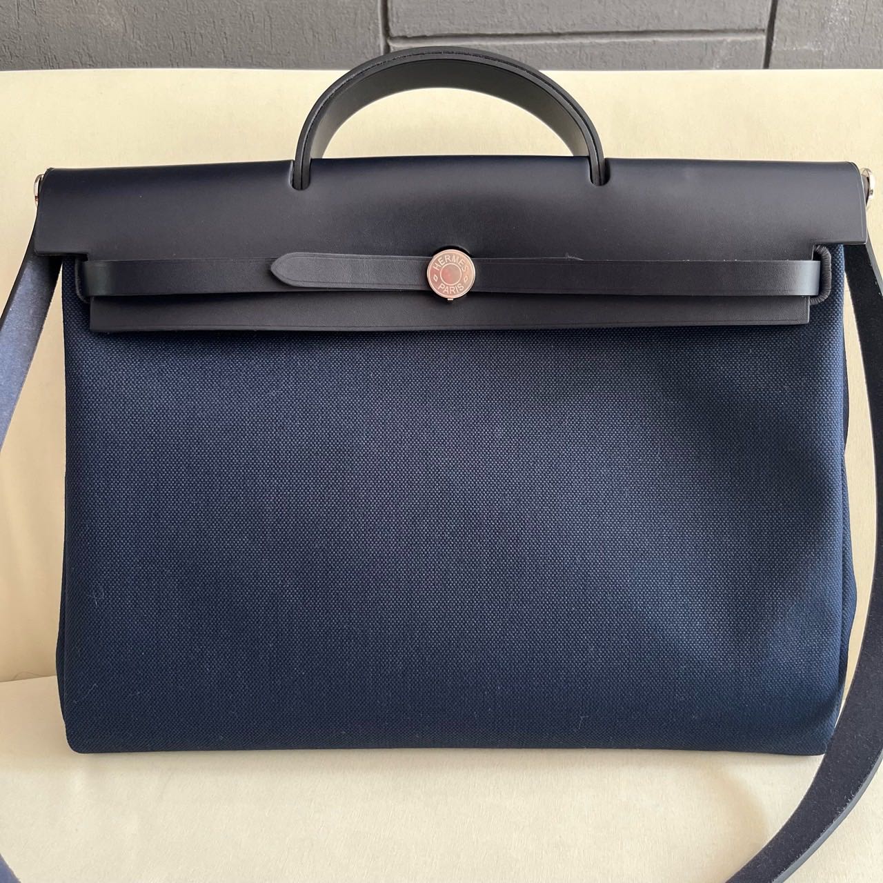 Pre-owned Certified Hermes Herbag Messenger 39 Dark Blue Canvas with Calfskin Silver hw, 2023 (B), w/ dust bag, lock&key