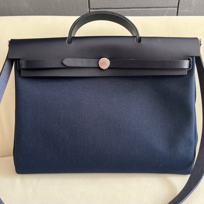 Pre-owned Certified Hermes Herbag Messenger 39 Dark Blue Canvas with Calfskin Silver hw, 2023 (B), w/ dust bag, lock&key