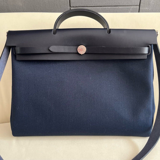 Pre-owned Certified Hermes Herbag Messenger 39 Dark Blue Canvas with Calfskin Silver hw, 2023 (B), w/ dust bag, lock&key