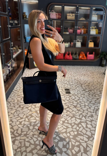 Pre-owned Certified Hermes Herbag Messenger 39 Dark Blue Canvas with Calfskin Silver hw, 2023 (B), w/ dust bag, lock&key