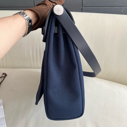 Pre-owned Certified Hermes Herbag Messenger 39 Dark Blue Canvas with Calfskin Silver hw, 2023 (B), w/ dust bag, lock&key