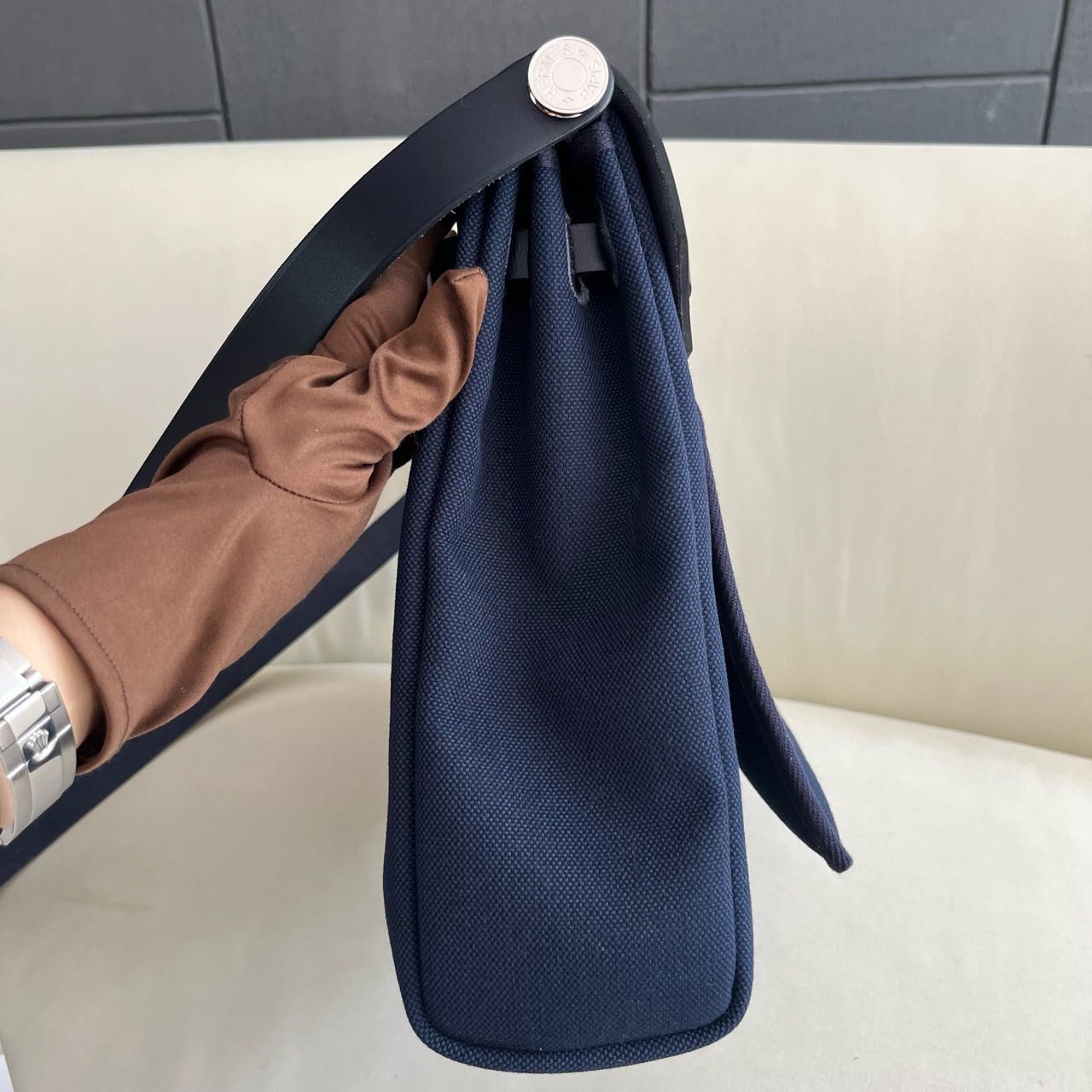 Pre-owned Certified Hermes Herbag Messenger 39 Dark Blue Canvas with Calfskin Silver hw, 2023 (B), w/ dust bag, lock&key