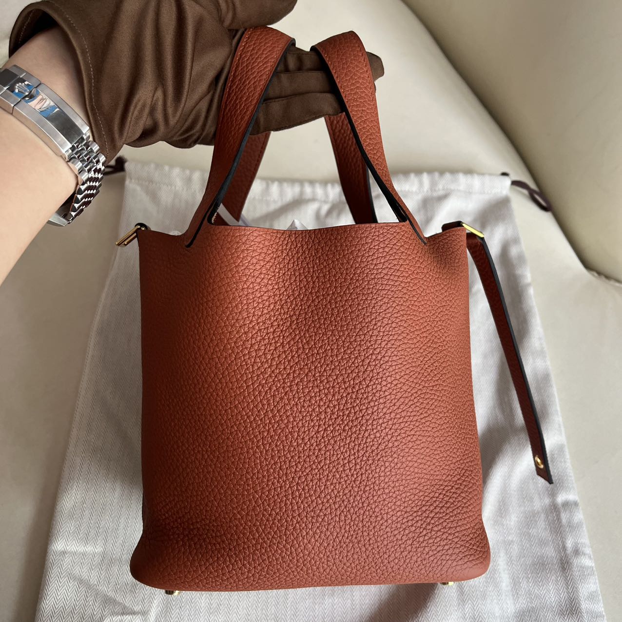 Pre-owned Certified Hermes Picotin 18 Cuivre 6C Clemence Leather Golden Hw, Not Used with tag, 2021 (Z), w/ Full Set - Hermes Box, dust bag, Lock&key