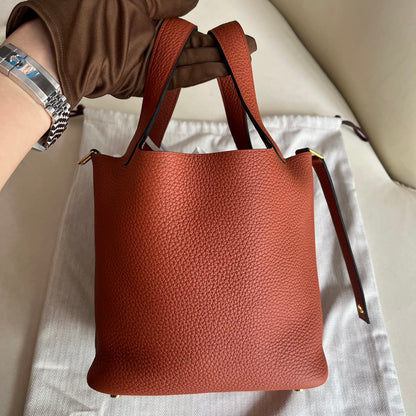 Pre-owned Certified Hermes Picotin 18 Cuivre 6C Clemence Leather Golden Hw, Not Used with tag, 2021 (Z), w/ Full Set - Hermes Box, dust bag, Lock&key