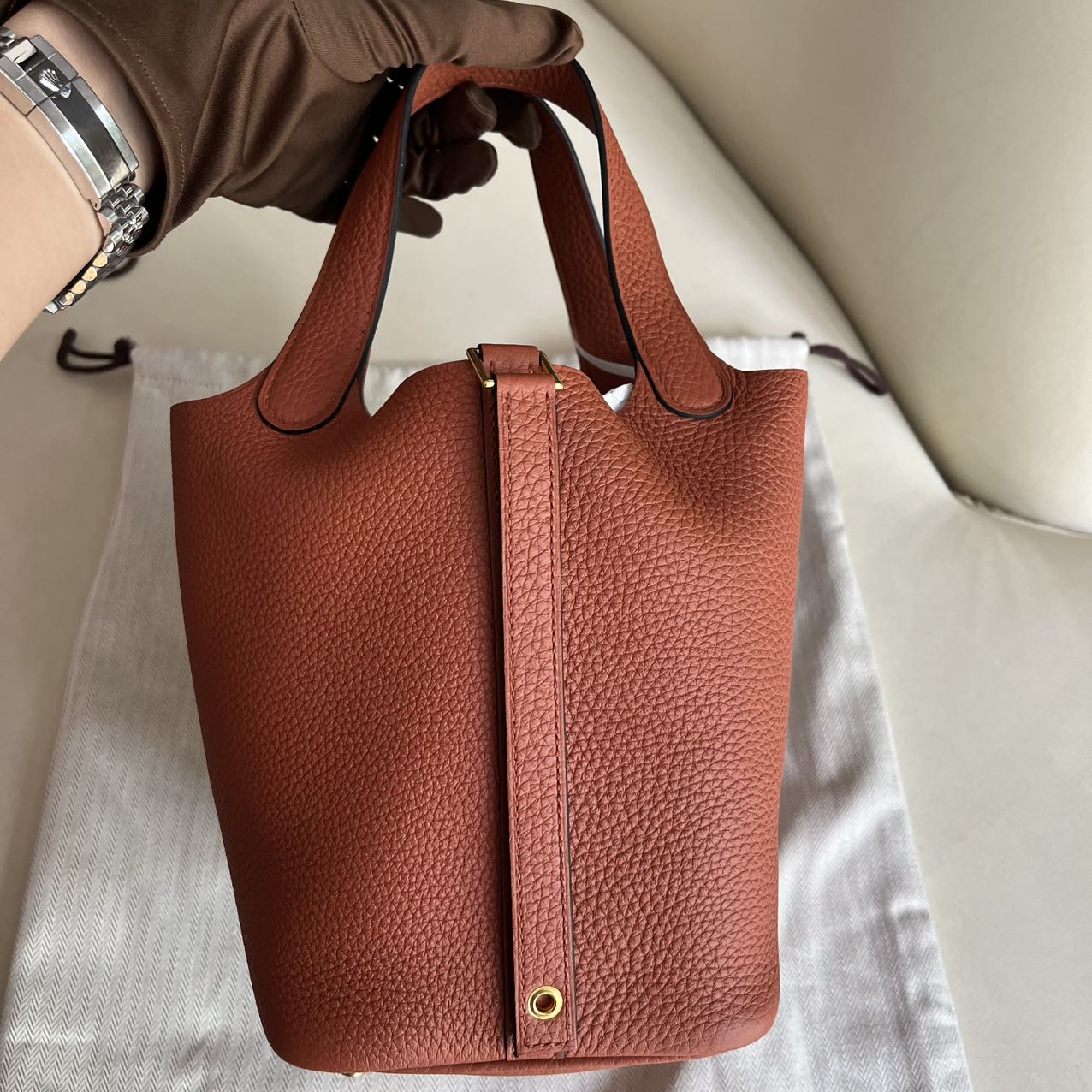 Pre-owned Certified Hermes Picotin 18 Cuivre 6C Clemence Leather Golden Hw, Not Used with tag, 2021 (Z), w/ Full Set - Hermes Box, dust bag, Lock&key