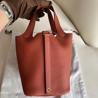 Pre-owned Certified Hermes Picotin 18 Cuivre 6C Clemence Leather Golden Hw, Not Used with tag, 2021 (Z), w/ Full Set - Hermes Box, dust bag, Lock&key