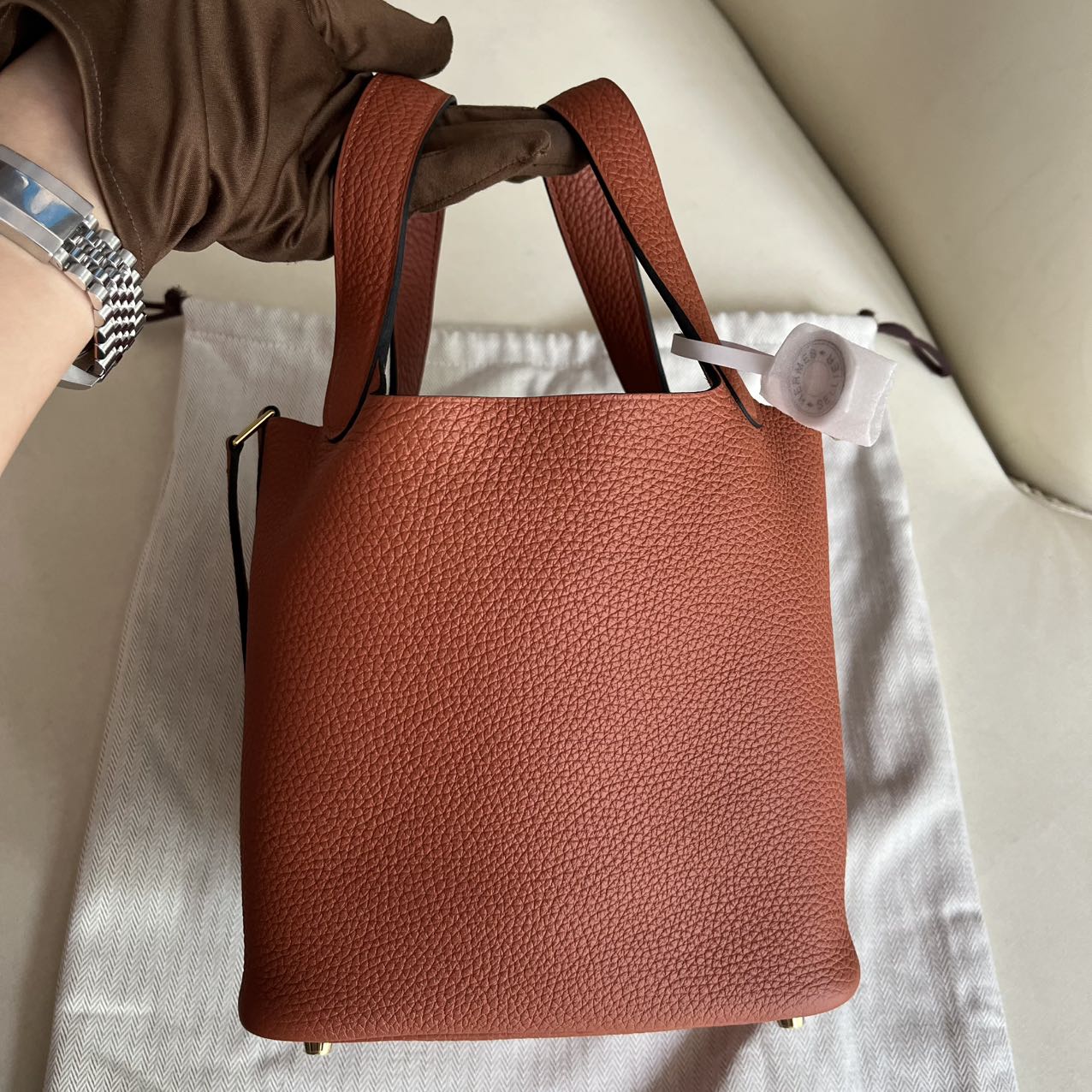 Pre-owned Certified Hermes Picotin 18 Cuivre 6C Clemence Leather Golden Hw, Not Used with tag, 2021 (Z), w/ Full Set - Hermes Box, dust bag, Lock&key