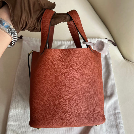 Pre-owned Certified Hermes Picotin 18 Cuivre 6C Clemence Leather Golden Hw, Not Used with tag, 2021 (Z), w/ Full Set - Hermes Box, dust bag, Lock&key