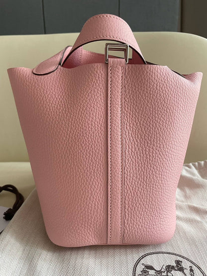 Pre-owned Certified Hermes Picotin 18 Rose Sakura 3Q Clemence Leather Silver Hw, 2024 (W), w/ Full Set - Box, dust bag, lock & key