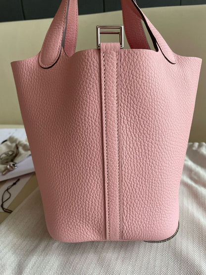 Pre-owned Certified Hermes Picotin 18 Rose Sakura 3Q Clemence Leather Silver Hw, 2024 (W), w/ Full Set - Box, dust bag, lock & key