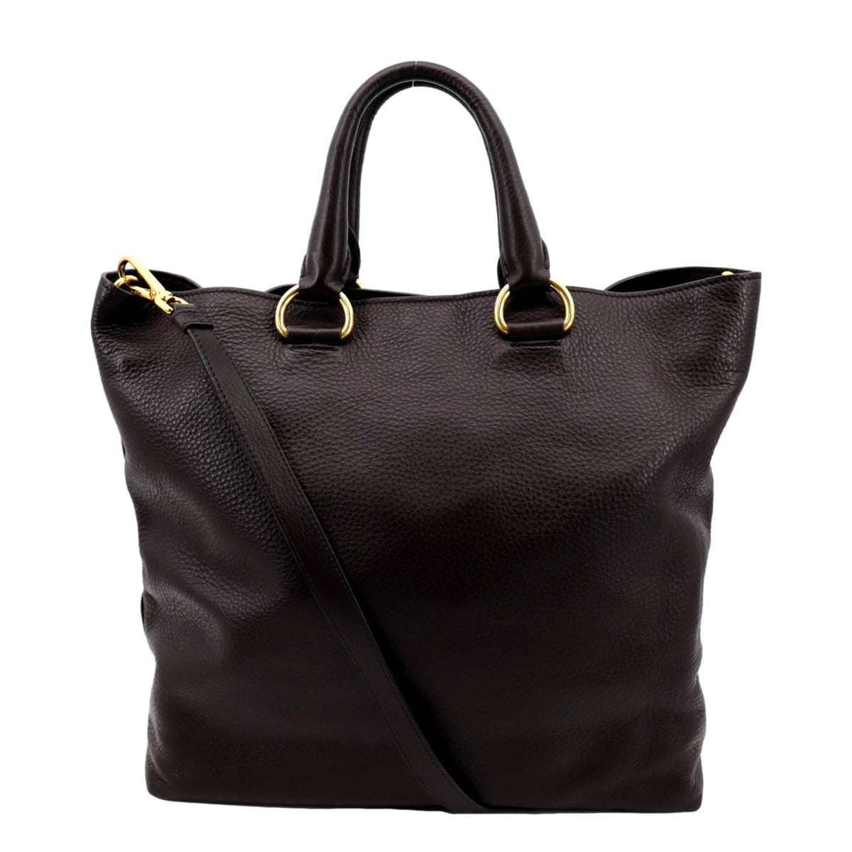 PRADA Vitello Daino Leather Tote Shoulder Bag Dark Brown