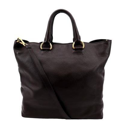 PRADA Vitello Daino Leather Tote Shoulder Bag Dark Brown