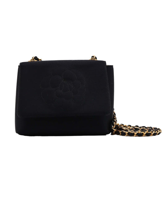 Chanel Camellia Flap G Black Satin Chevron E2301699 ASC5922
