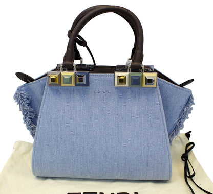 FENDI 3 Jour Mini Fringed Denim Studs Tote Crossbody Bag