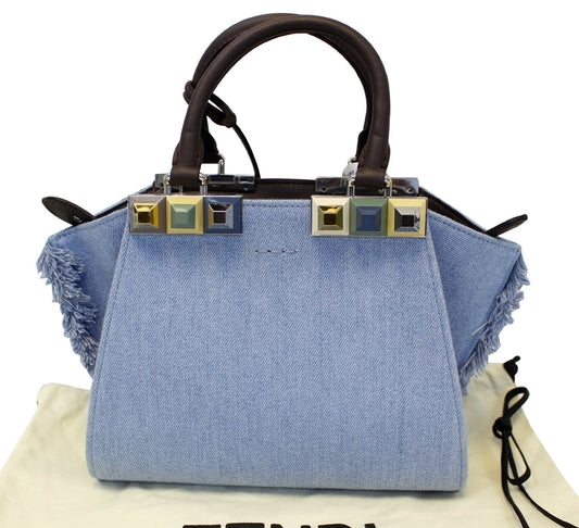 FENDI 3 Jour Mini Fringed Denim Studs Tote Crossbody Bag