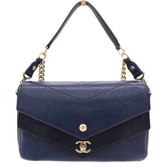 Chanel CC Envelope Flap Crossbody Chevron Calfskin Small Navy Black