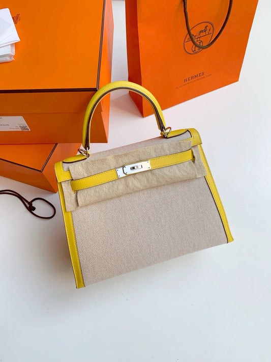 Pre-owned Certified Hermes Kelly 28 Toile, 9O Jaune de Naples with Canvas, Palladium hw, 2020, w/ dust bag, lock&key, strap