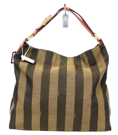 FENDI Tobacco and Red Leather Pequin Stripe Canvas Hobo Bag
