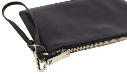 PRADA Black Leather Logo Plaque Wristlet Clutch Bag