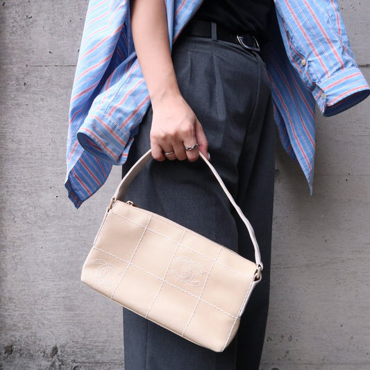 Chanel Chocolate Bar Canvas Hand Bag Shoulder Bag Beige