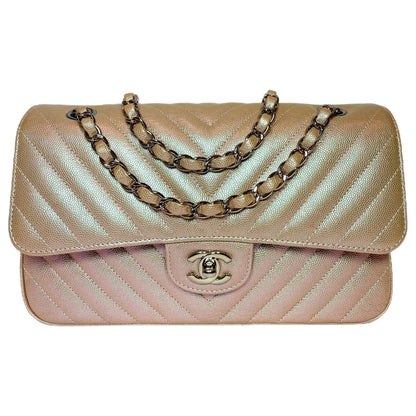 Chanel Iridescent Light Gold Chevron Medium Double Flap Bag