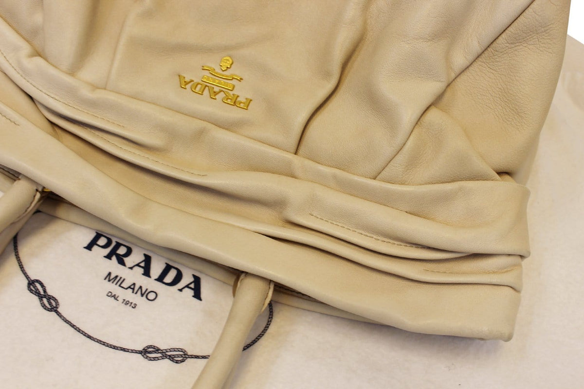 PRADA Nappa Frills Shopping Beige Leather Tote Bag