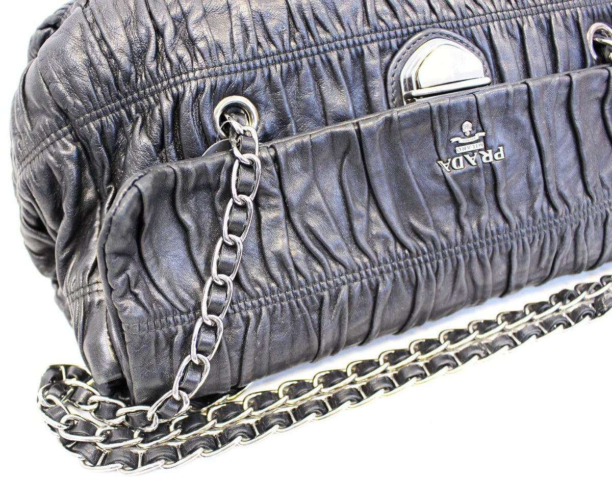 PRADA Black Nappa Leather Gaufre Ruched Flap Shoulder Bag