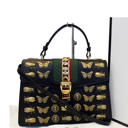 GUCCI Sylvie Animal Studs Calfskin Medium Top Handle Bag Black