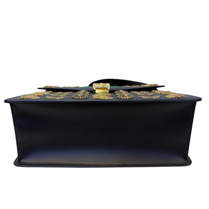 GUCCI Sylvie Animal Studs Calfskin Medium Top Handle Bag Black