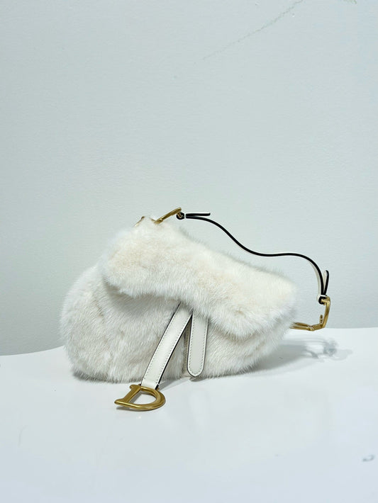 Brand New Dior Small Saddle Natural Mink Fur, White, w/ dust bag