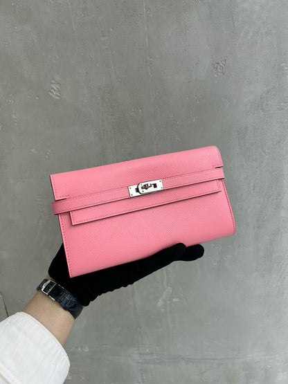 Pre-owned Hermes Kelly Long Wallet 1Q Rose Confetti Epsom Silver Hardware, 2016, w/ box