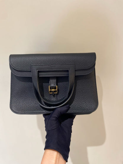 Pre-owned Hermes Halzan 25 Black Golden hw, W stamp (2024), w/ dust bag, receipt scan