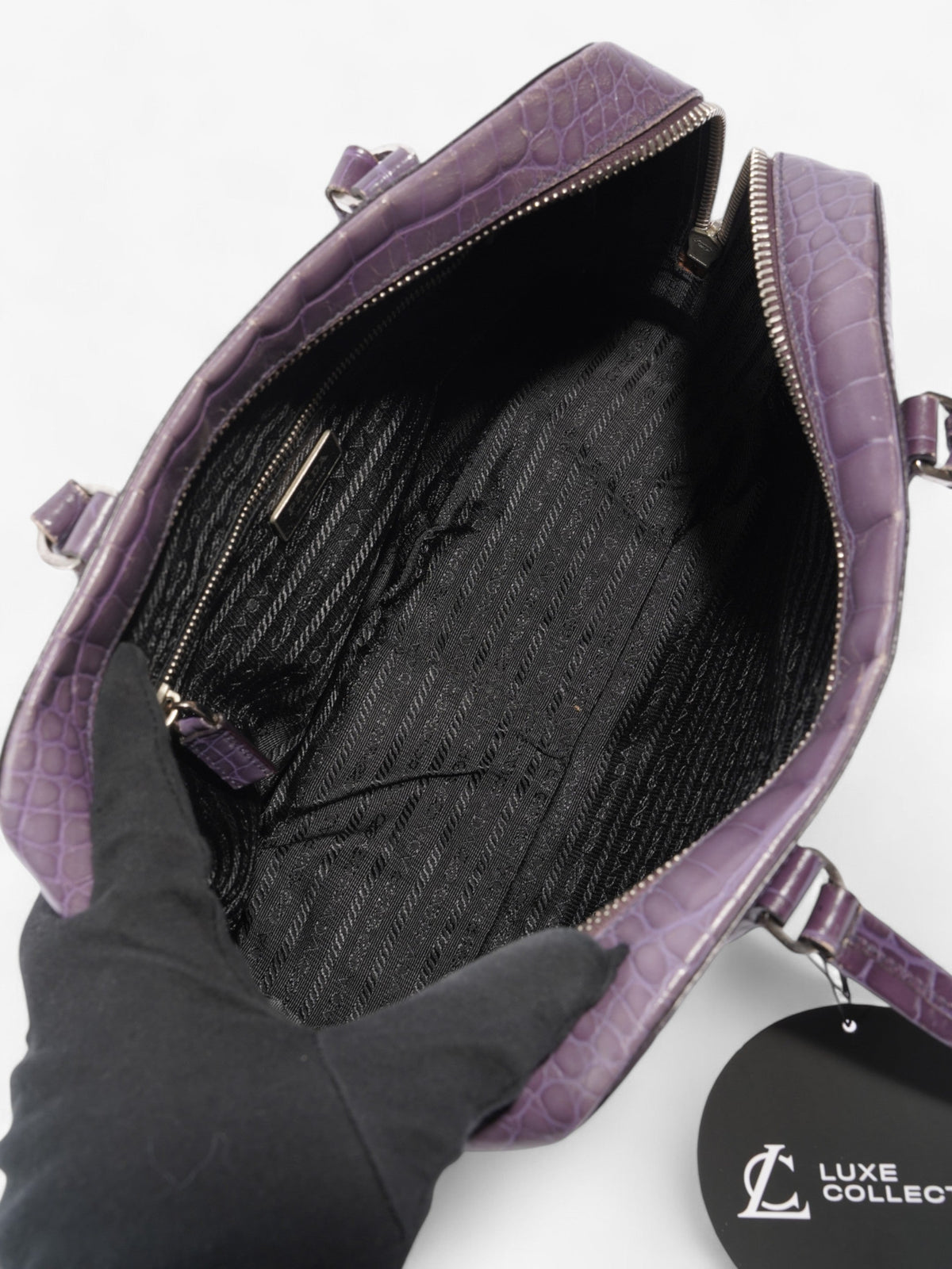 Prada Bauletto Bag Purple Embossed Leather