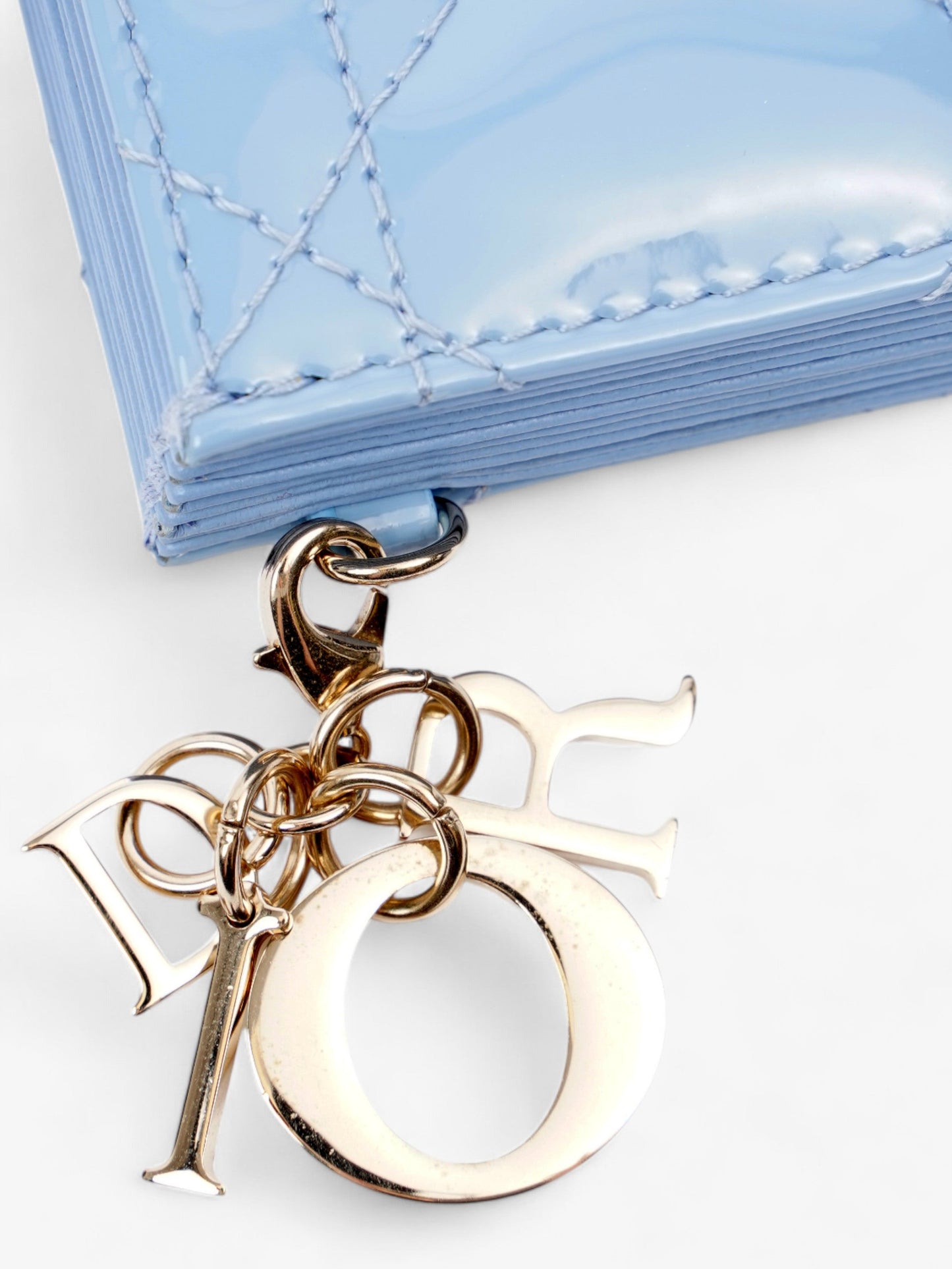 Christian Dior Lady Dior Jasmine Card Holder Baby Blue / Light Gold Patent Leather