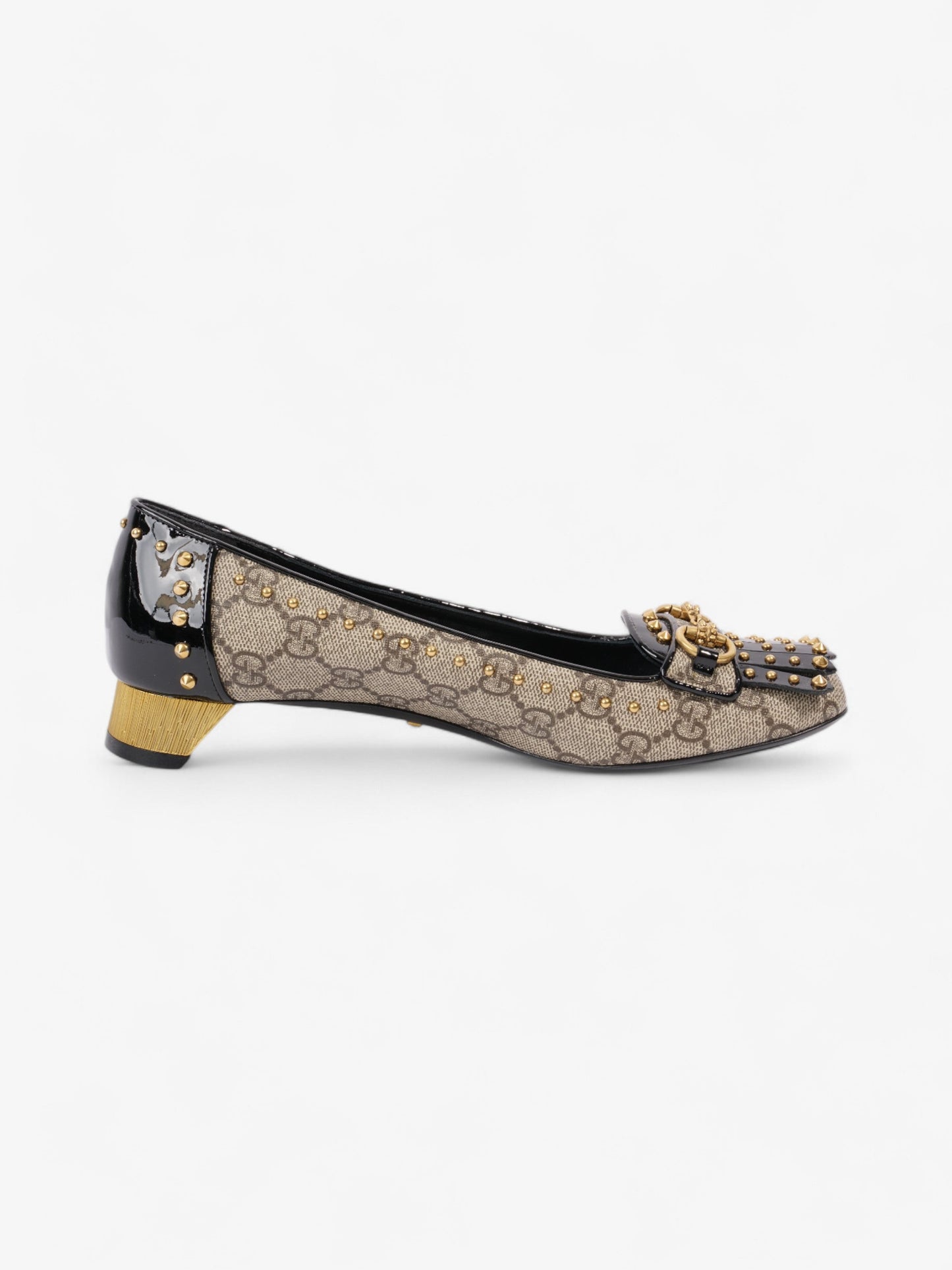 Gucci Horsebit Platform Pump 25 Beige  / Black / Gold Coated Canvas EU 37.5 UK 4.5