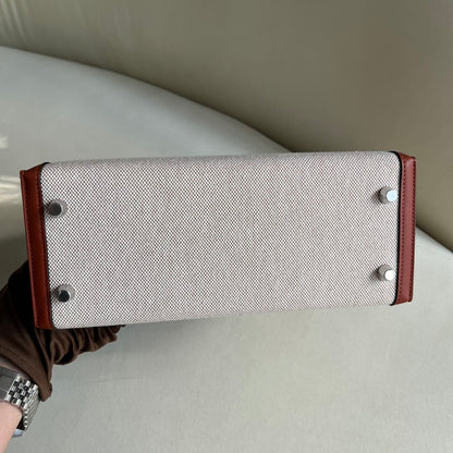 Pre-owned Certified Hermes Kelly 25 Toile Cuivre with Silver Hardware, 2022, Full Set