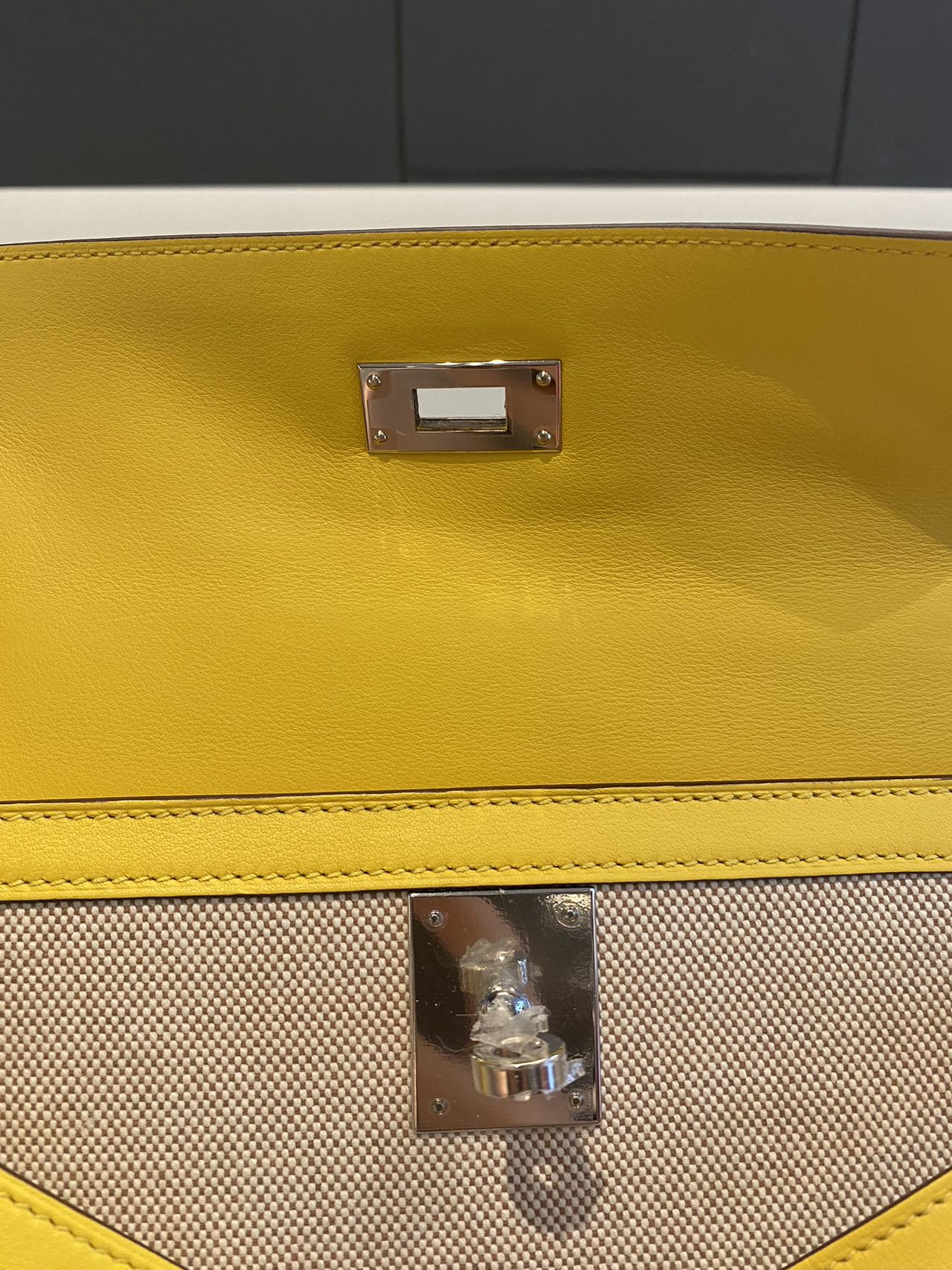 Pre-owned Certified Hermes Kelly 28 Toile, 9O Jaune de Naples with Canvas, Palladium hw, 2020, w/ dust bag, lock&key, strap