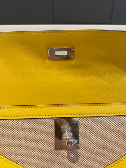 Pre-owned Certified Hermes Kelly 28 Toile, 9O Jaune de Naples with Canvas, Palladium hw, 2020, w/ dust bag, lock&key, strap