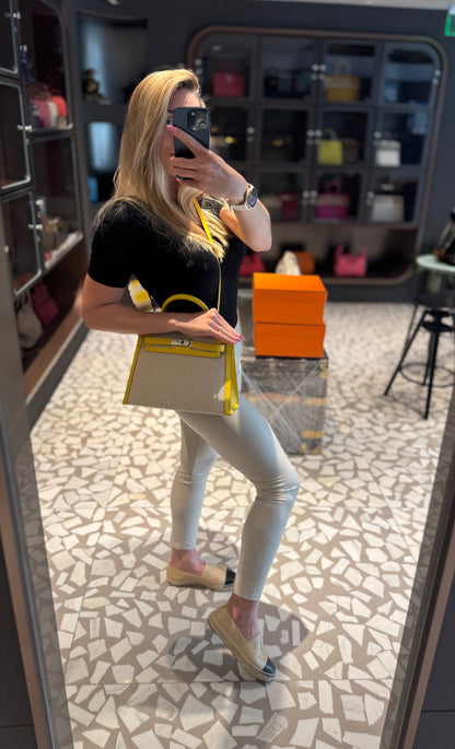 Pre-owned Certified Hermes Kelly 28 Toile, 9O Jaune de Naples with Canvas, Palladium hw, 2020, w/ dust bag, lock&key, strap