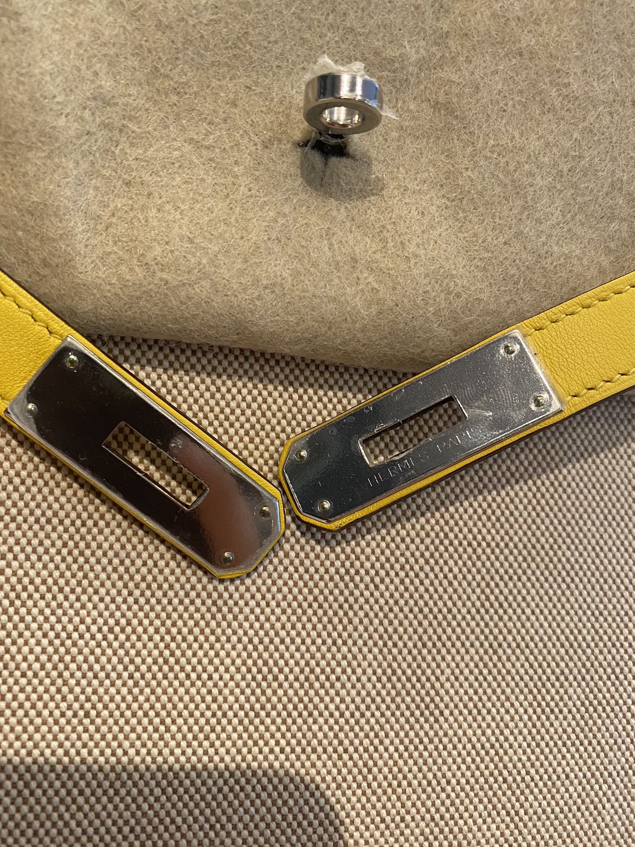 Pre-owned Certified Hermes Kelly 28 Toile, 9O Jaune de Naples with Canvas, Palladium hw, 2020, w/ dust bag, lock&key, strap