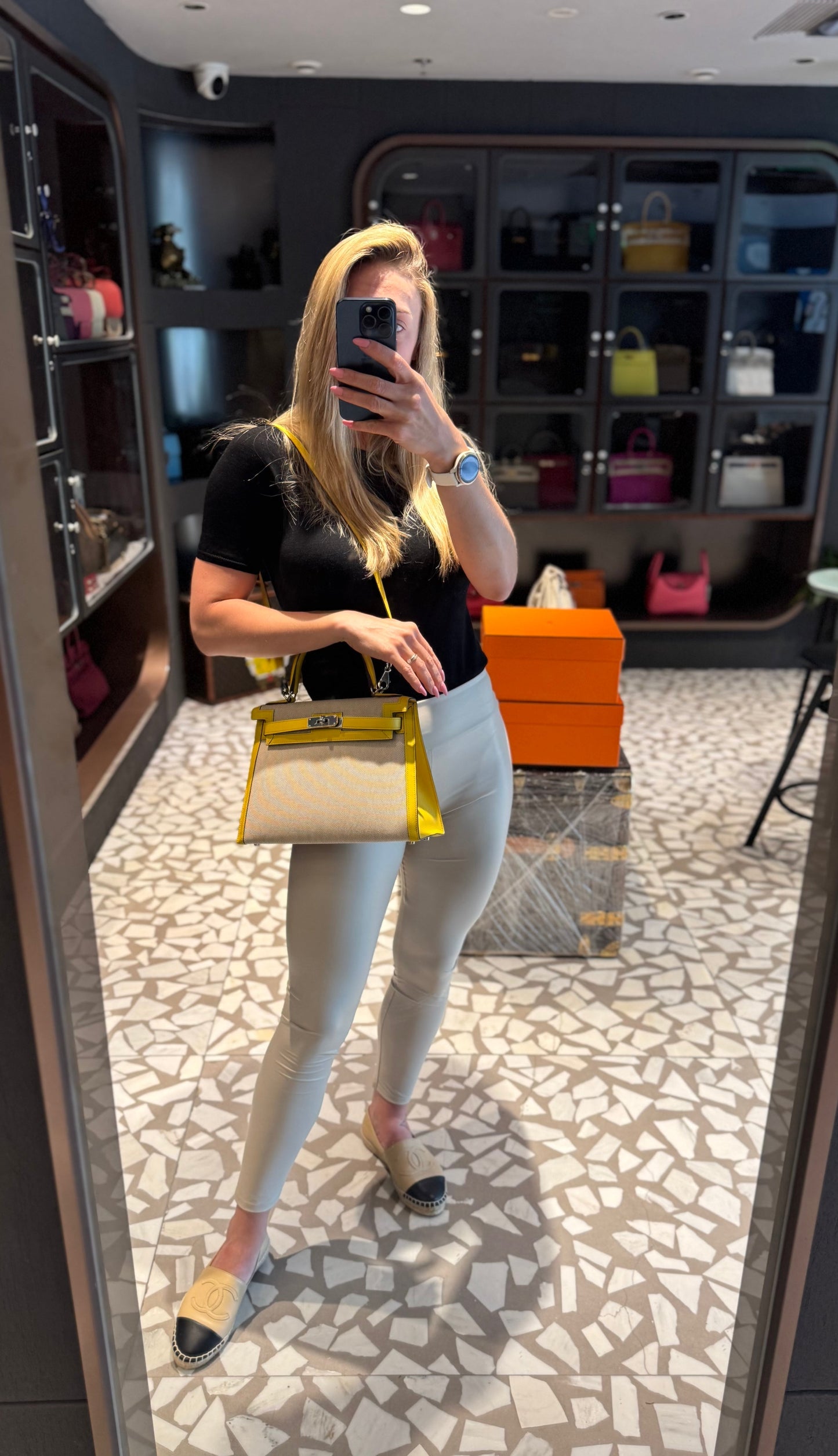 Pre-owned Certified Hermes Kelly 28 Toile, 9O Jaune de Naples with Canvas, Palladium hw, 2020, w/ dust bag, lock&key, strap