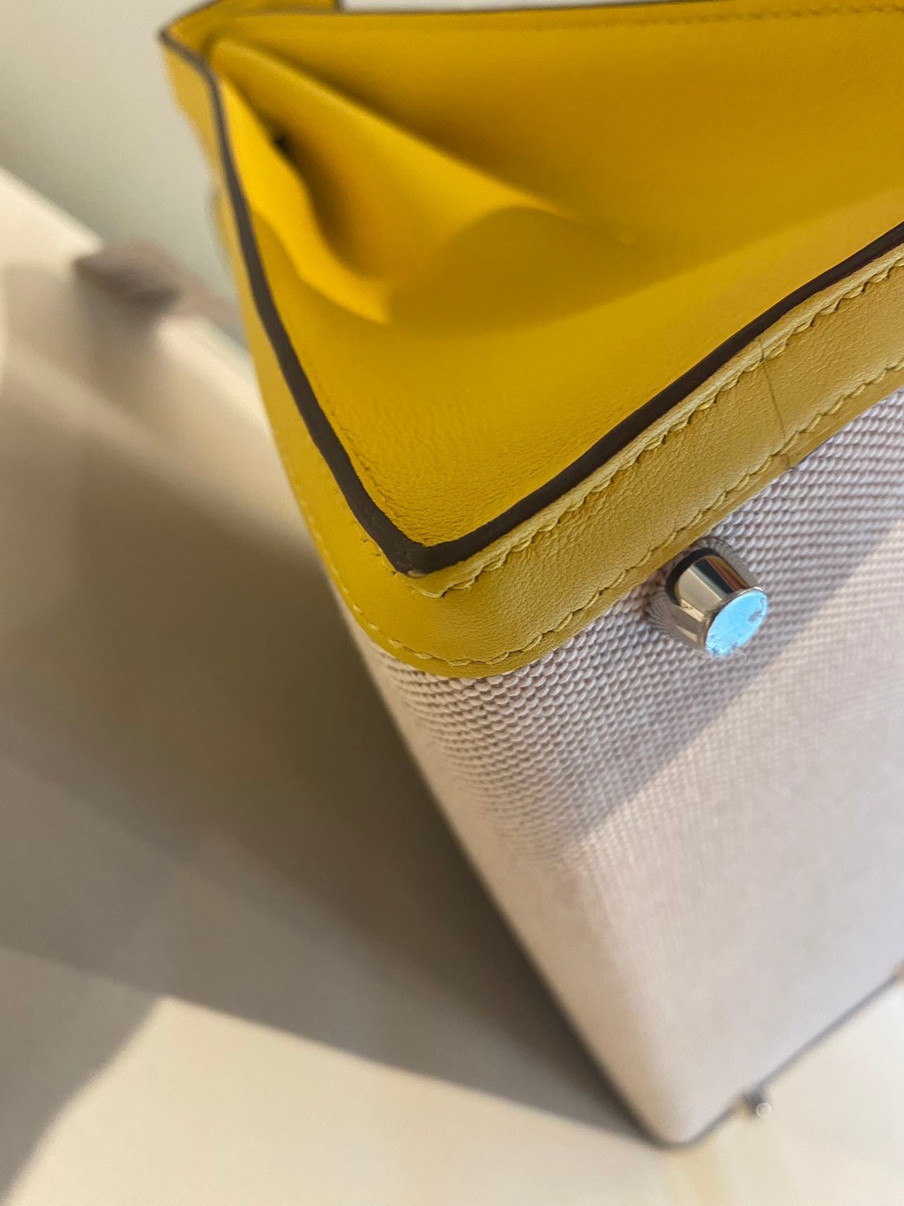 Pre-owned Certified Hermes Kelly 28 Toile, 9O Jaune de Naples with Canvas, Palladium hw, 2020, w/ dust bag, lock&key, strap