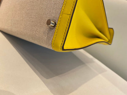 Pre-owned Certified Hermes Kelly 28 Toile, 9O Jaune de Naples with Canvas, Palladium hw, 2020, w/ dust bag, lock&key, strap