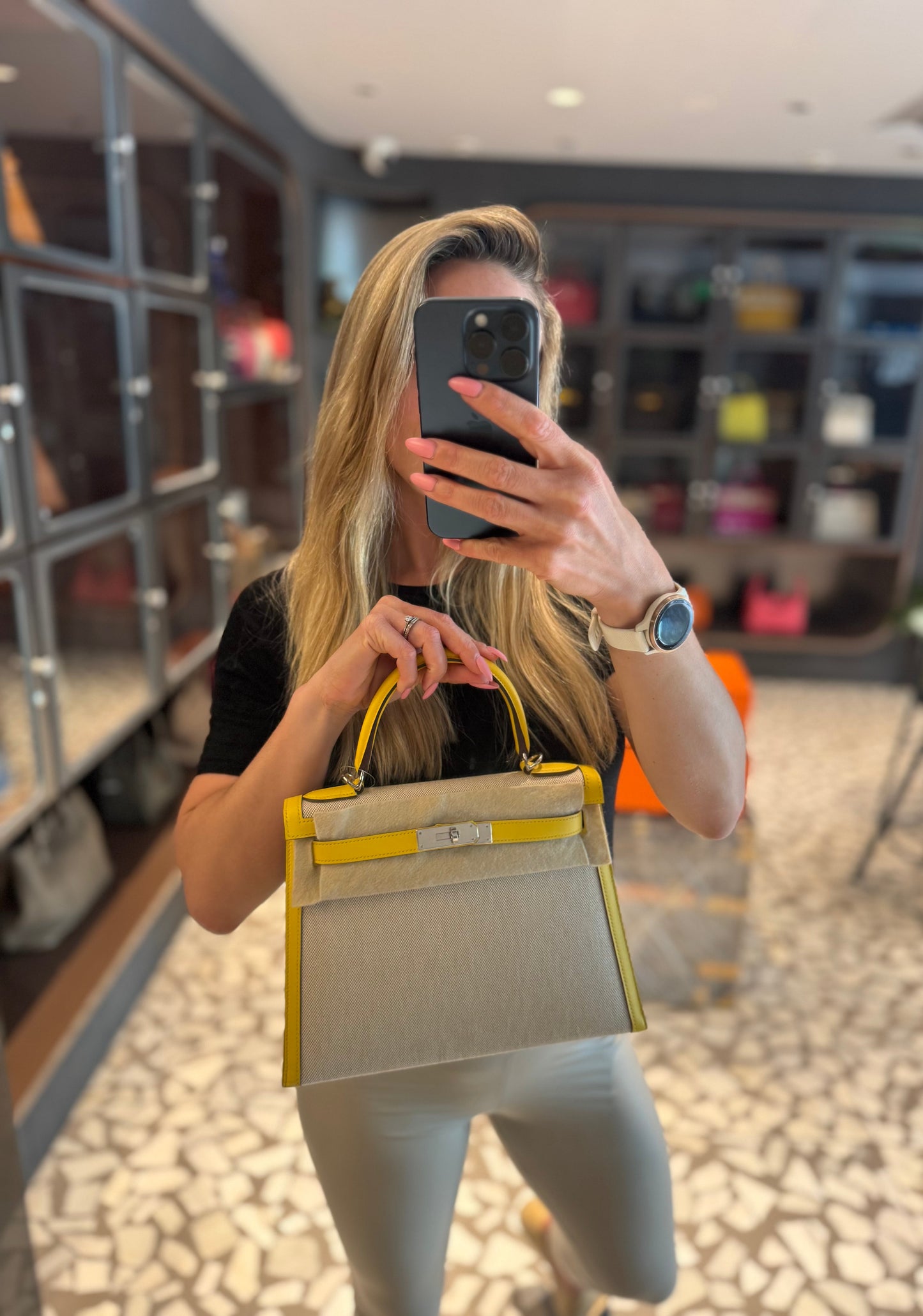 Pre-owned Certified Hermes Kelly 28 Toile, 9O Jaune de Naples with Canvas, Palladium hw, 2020, w/ dust bag, lock&key, strap