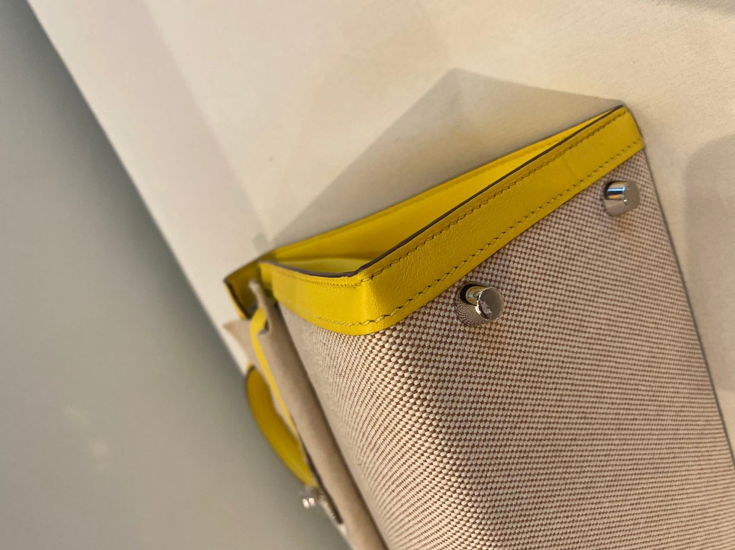 Pre-owned Certified Hermes Kelly 28 Toile, 9O Jaune de Naples with Canvas, Palladium hw, 2020, w/ dust bag, lock&key, strap