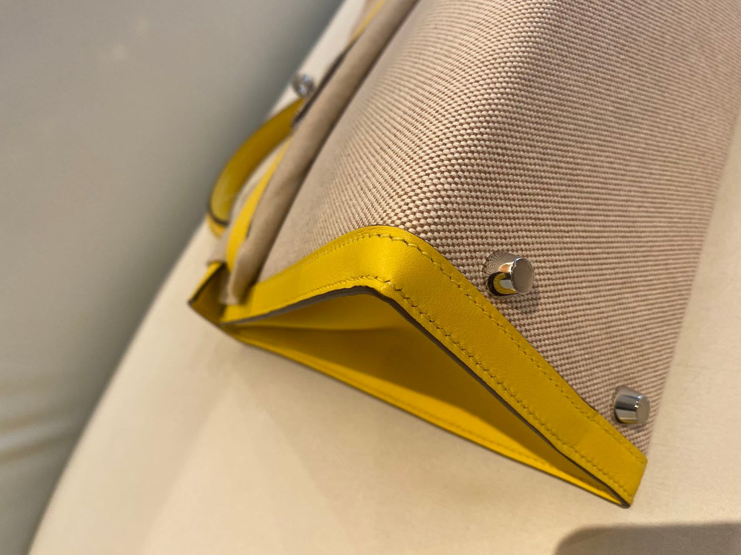 Pre-owned Certified Hermes Kelly 28 Toile, 9O Jaune de Naples with Canvas, Palladium hw, 2020, w/ dust bag, lock&key, strap