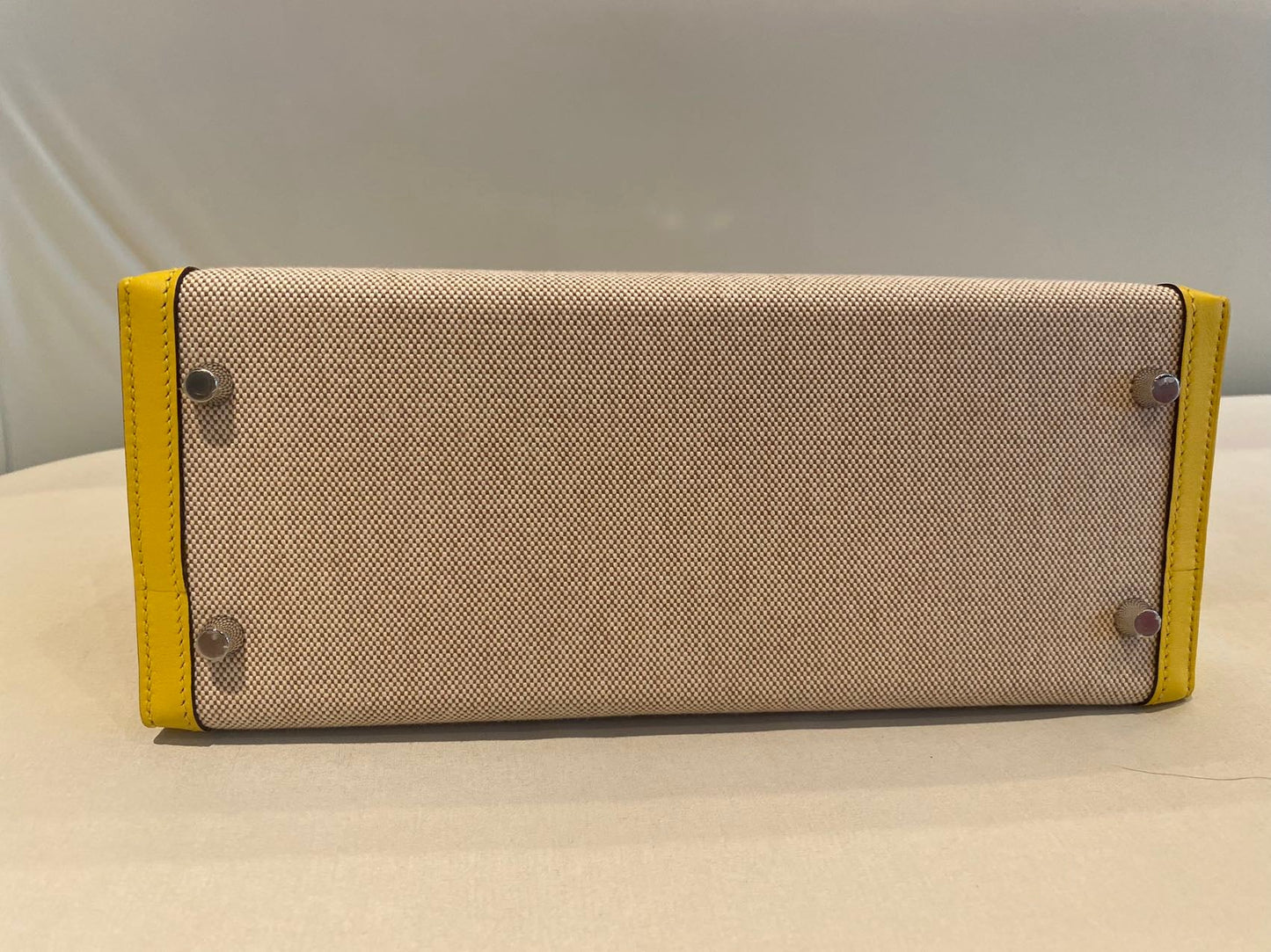 Pre-owned Certified Hermes Kelly 28 Toile, 9O Jaune de Naples with Canvas, Palladium hw, 2020, w/ dust bag, lock&key, strap