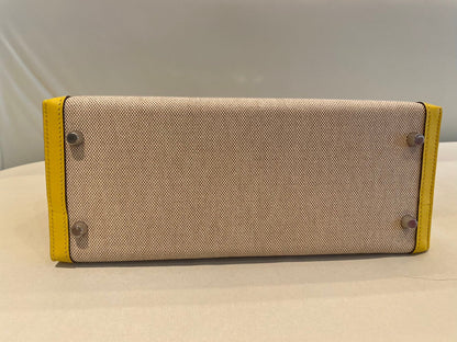 Pre-owned Certified Hermes Kelly 28 Toile, 9O Jaune de Naples with Canvas, Palladium hw, 2020, w/ dust bag, lock&key, strap